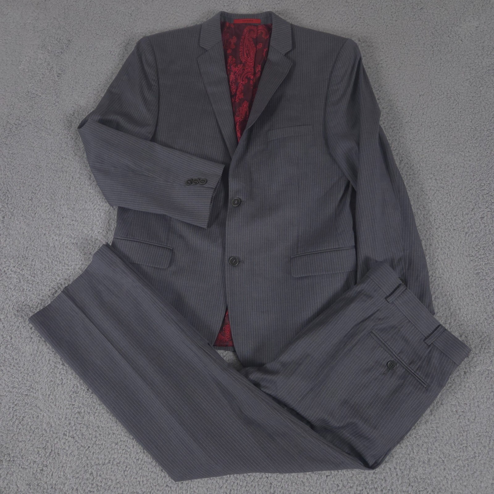 Ted Baker 2-Piece Suit Mens 42R Pants 36x30 Gray Striped Endurance Paisley Liner