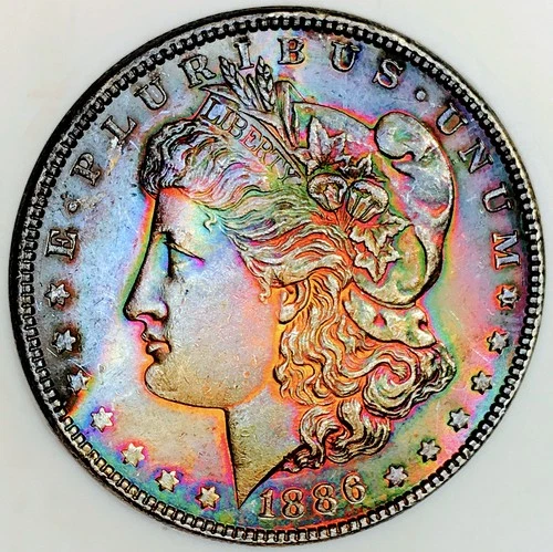 1886 MORGAN DOLLAR! MS+++! NEON DUAL RAINBOW NATURAL TONING! UNREAL! NR #S1100