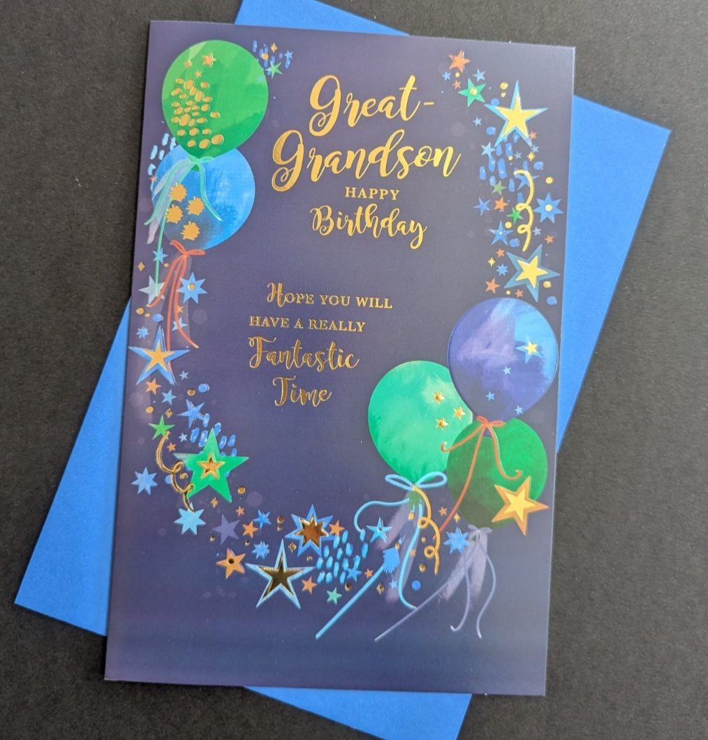 Great Grandson Birthday Card 9""x6"" Blue Balloons Presents Modern Teenager Adult