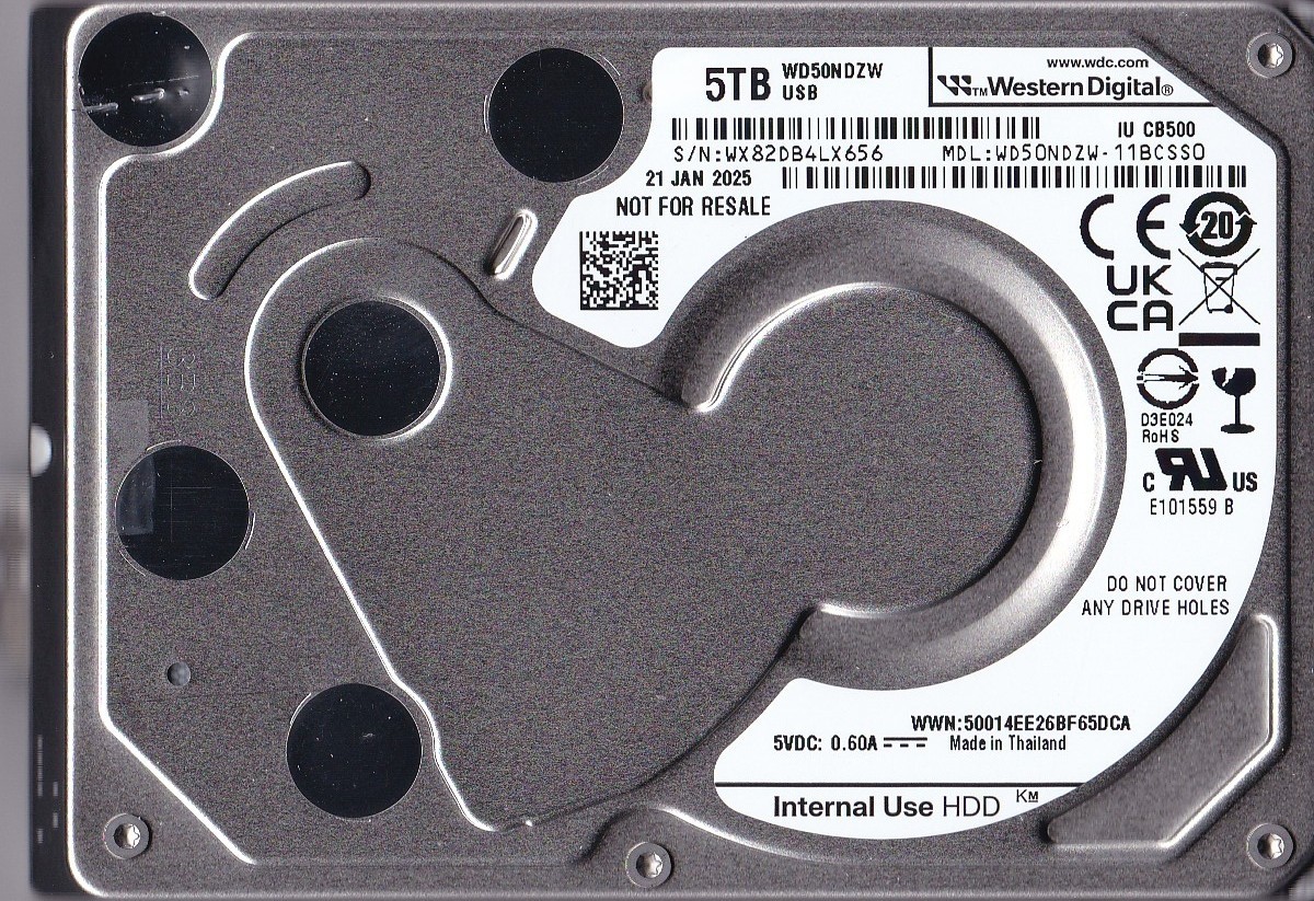 M*d様 【使用時間1422時間】WDC 5TB 外付けHDD WD50NDZW WD50NDZW-11BCSS0 s/n: WX82DB JAN /2025 Thailand 5TB USB 3.0 2.5