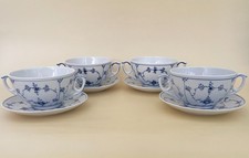 Four Royal Copenhagen Blue Fluted Plain Lace Flat Cream Soup Bowls and Saucers