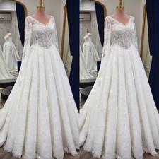 Lace Wedding Dress Long Sleeves V Neck White Elegant A Line Bridal Ball Gowns