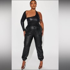 Fashion Nova Black Faux Leather Cargo Joggers Size 2X
