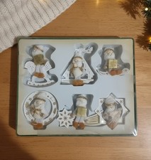 Set 6 Addobbi Natale VINTAGE Shabby Chic Babbo Natale Legno Feltro Oro NUOVO NOS