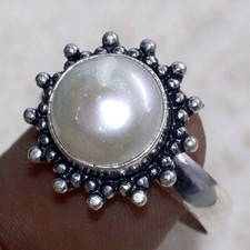 Pearl 925 Silver Plated Round Gemstone Handmade Ring US 10 Unique Gift MJ