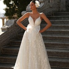 A-line Lace Wedding Dresses Spaghetti Straps Long Customized Bow Bridal Gowns