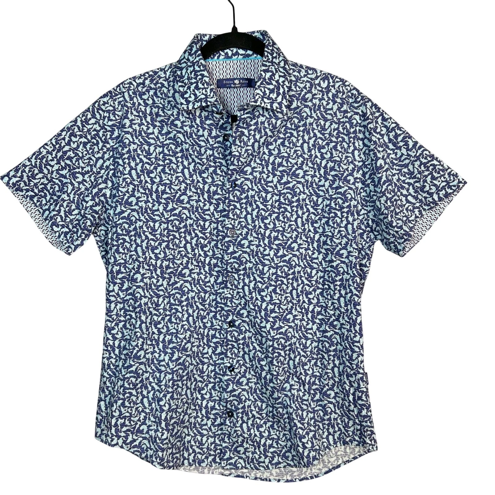 Stone Rose Shirt Mens M Blue Shark Whale Button Down Fishing Summer Preppy