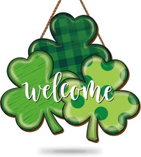 St. Patrick'S Day Welcome Front Door Sign Green Shamrock Clover Wooden Hanging S