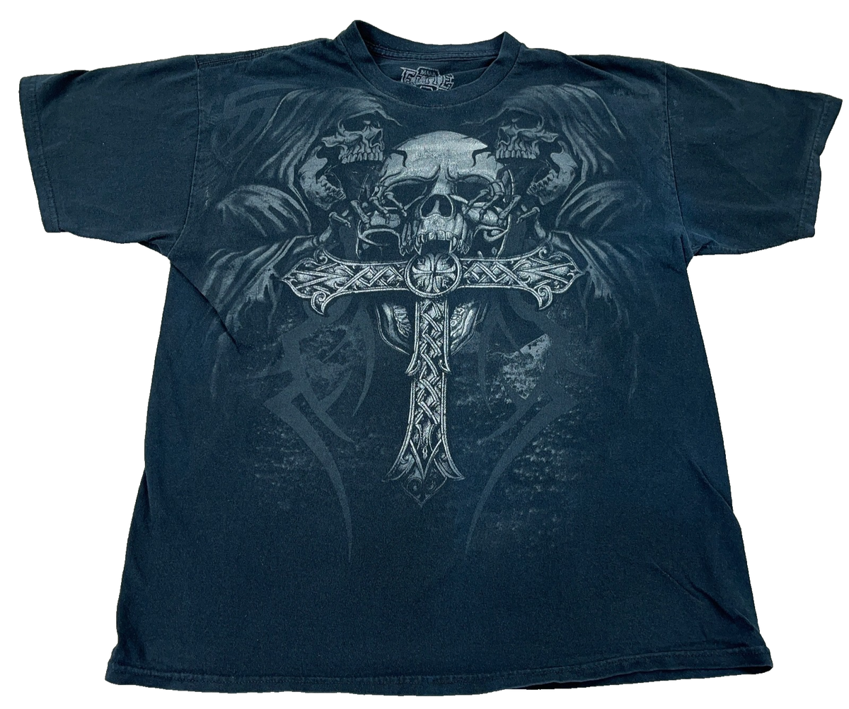 Vintage Y2K MMA Elite Shirt Men Large Black Cross Skull Grim