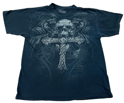 Vintage Y2K MMA Elite Shirt Men Large Black Cross Skull Grim