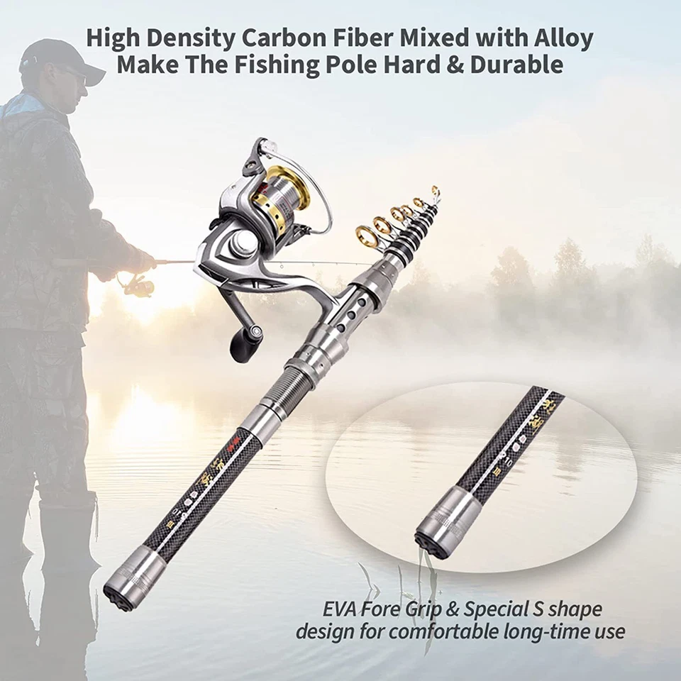 Carbon Fiber Telescopic Fishing Rod Pole Reel Combo Sea Saltwater Freshwater USA - Image 2 of 4