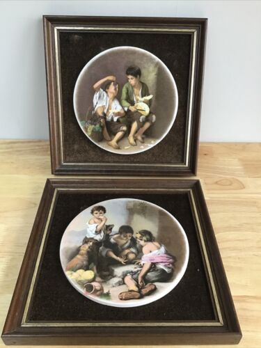 Vintage h&r johnson ltd Framed mounted velour Ceramic Murillo, beggar boys, - Afbeelding 1 van 8