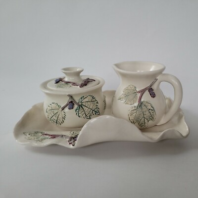Giftcraft Cream Sugar Set With Tray Lynn Stewart Beige Green Leaf Motif 
