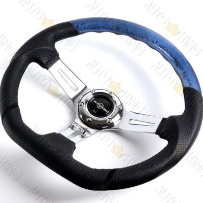343MM 3'' DEEP DISH BLACK BUBBLE LEATHER CHROME 3-SPOKES STEERING WHEEL W-POWER