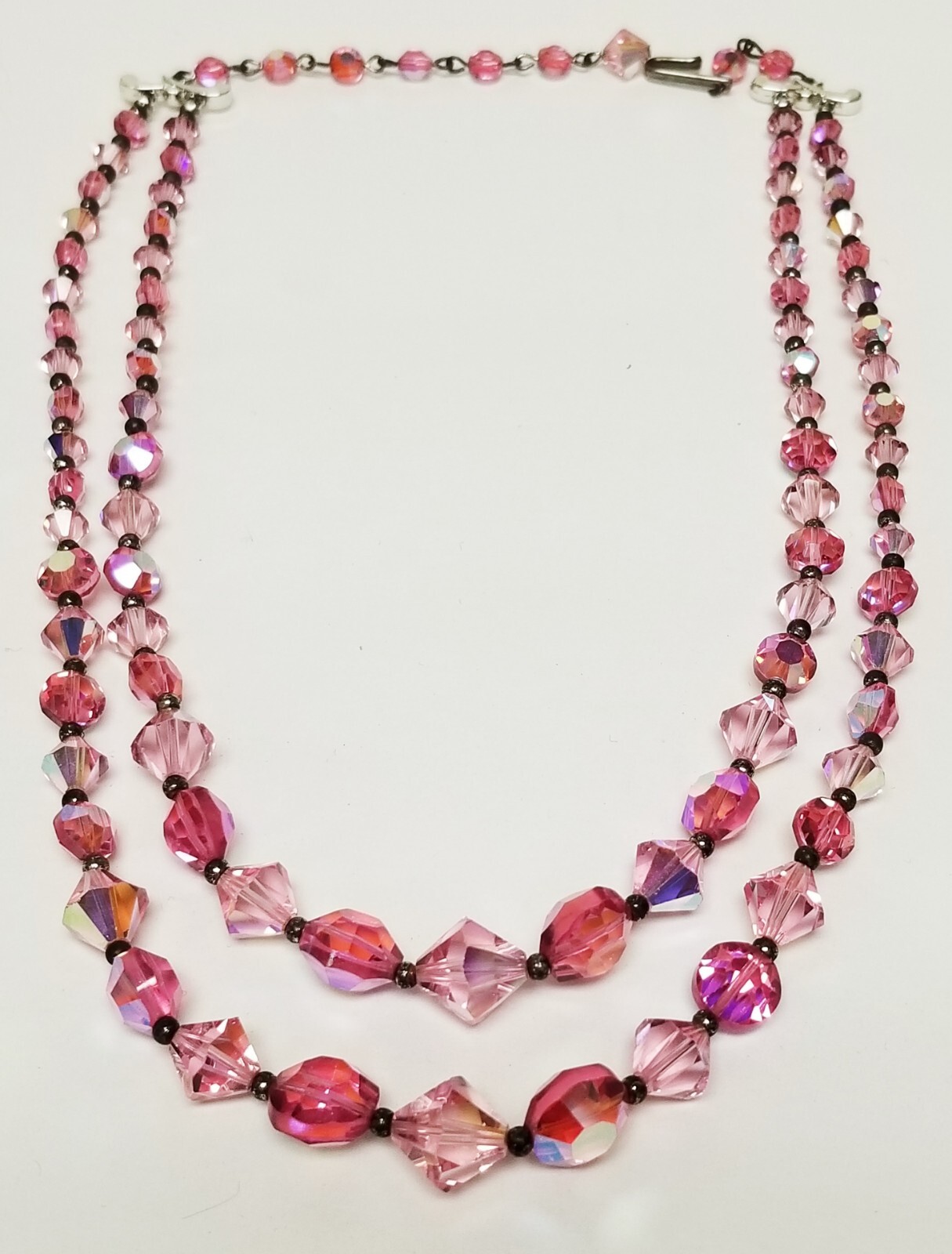 Vintage Double Strand Graduated Pink Faceted Glass Crystal Necklace