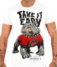 Avenue George V Paris T-Shirt Bulldog Rhinestone Men's White fitted tee M