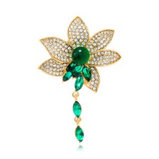 Women's Green Clear Crystal Rhinestone Lotus Flower Tassel Brooch Pin