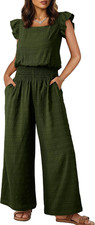 Women'S Casual Loose Overalls Jumpsuits One Piece Short Sleeve Wide Leg Smocked
