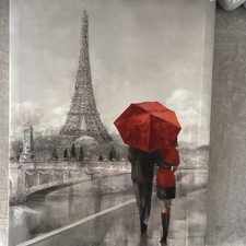 Roanne Manning Signed Paris Couple Red Umbrella Eiffel Tower Canvas Painting