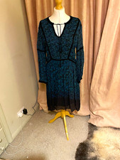 Wrap Blue/green/Black Floral Knee Length Dress 14 Regular, Chiffon, V-Neck, Tie