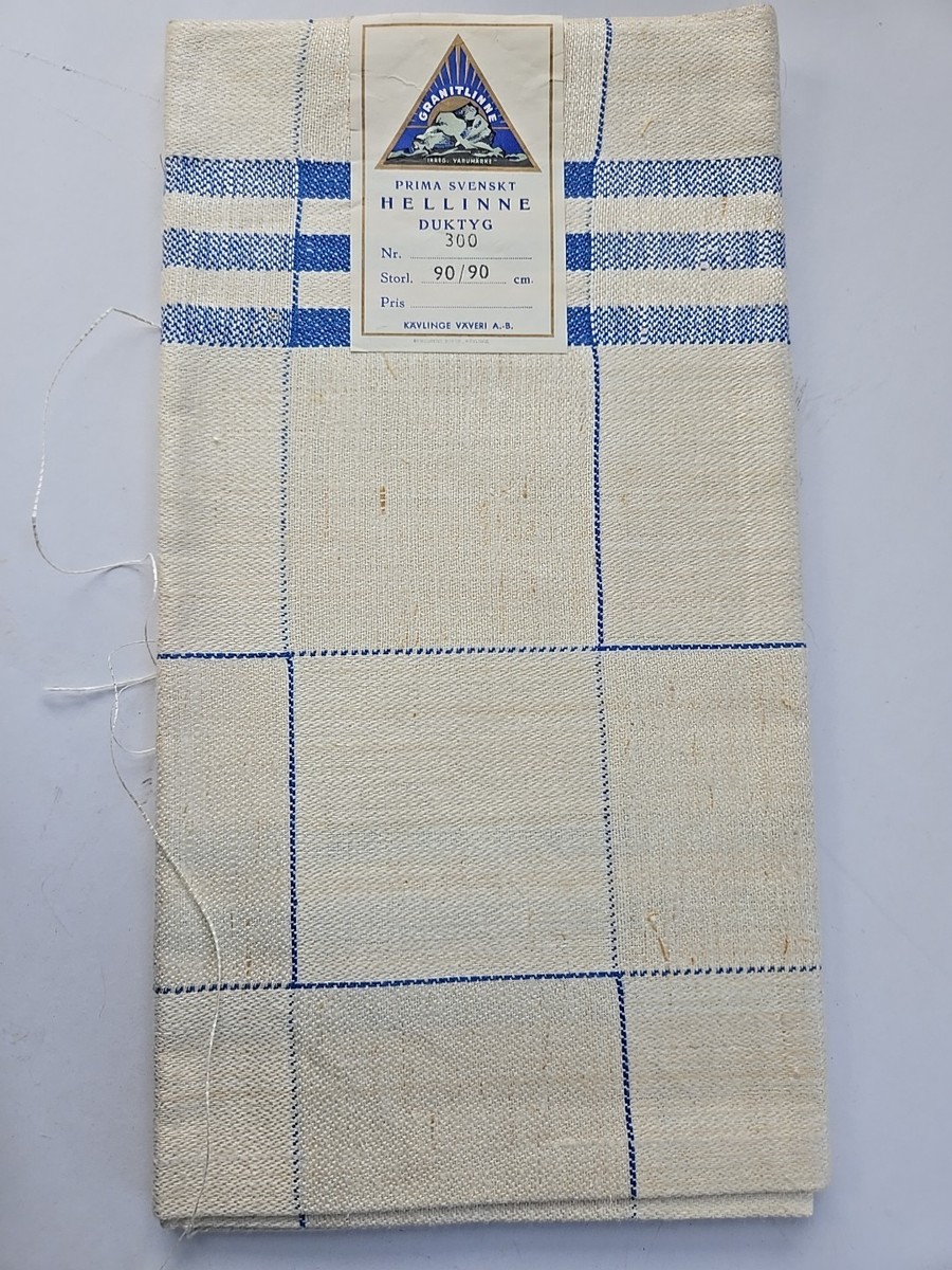 Vintage Swedish Linen Fabric 90 x 90 cm Blue White Pattern Ivory
