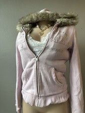 Aeropostale Womens Pink Fur-Lined Hoodie Embroidered Logo Size S Zip-Up Kangaroo