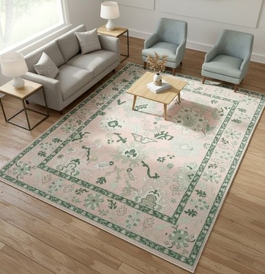 Muted Oushak Hand Knotted Turkish Pink Wool 9x12 Floral Area Rug for Living Room