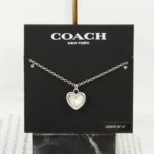 Coach Crystal Stone Heart Clear Necklace Silver Tone