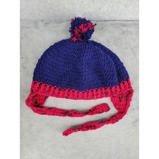 Handmade Toddler Child Winter Hat Knit Pom Pom Ear Flaps Blue Red