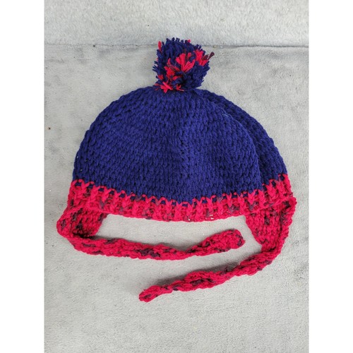 Handmade Toddler Child Winter Hat Knit Pom Pom Ear Flaps Blue Red