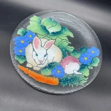 Vintage Peggy Karr Fused Glass Plate Easter Bunny Veggies White Rabbit Tray