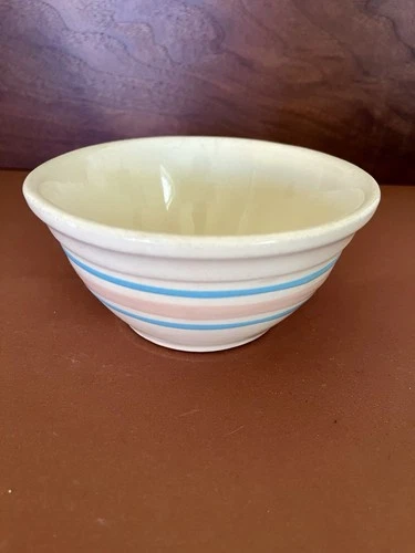 McCoy Pottery Stoneware Mixing Bowl 6” White Glaze Pink And Blue Stripes