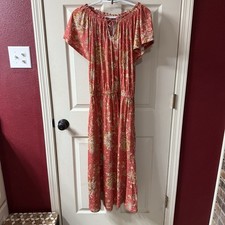 CHAPS Floral Maxi Dress Coral Gauze Smocked Waist Tie Neck Flutter Sleeve Large