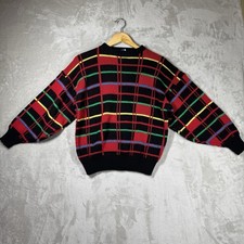 VTG 80s Bedford Fair Sm Pullover Sweater Geometric Plaid Colorful Dolman Sleeve