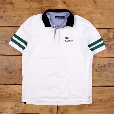 Nautica Poloshirt L Herren 00s weiß Logo gestreift Ärmel Kragen Preppy Coastal