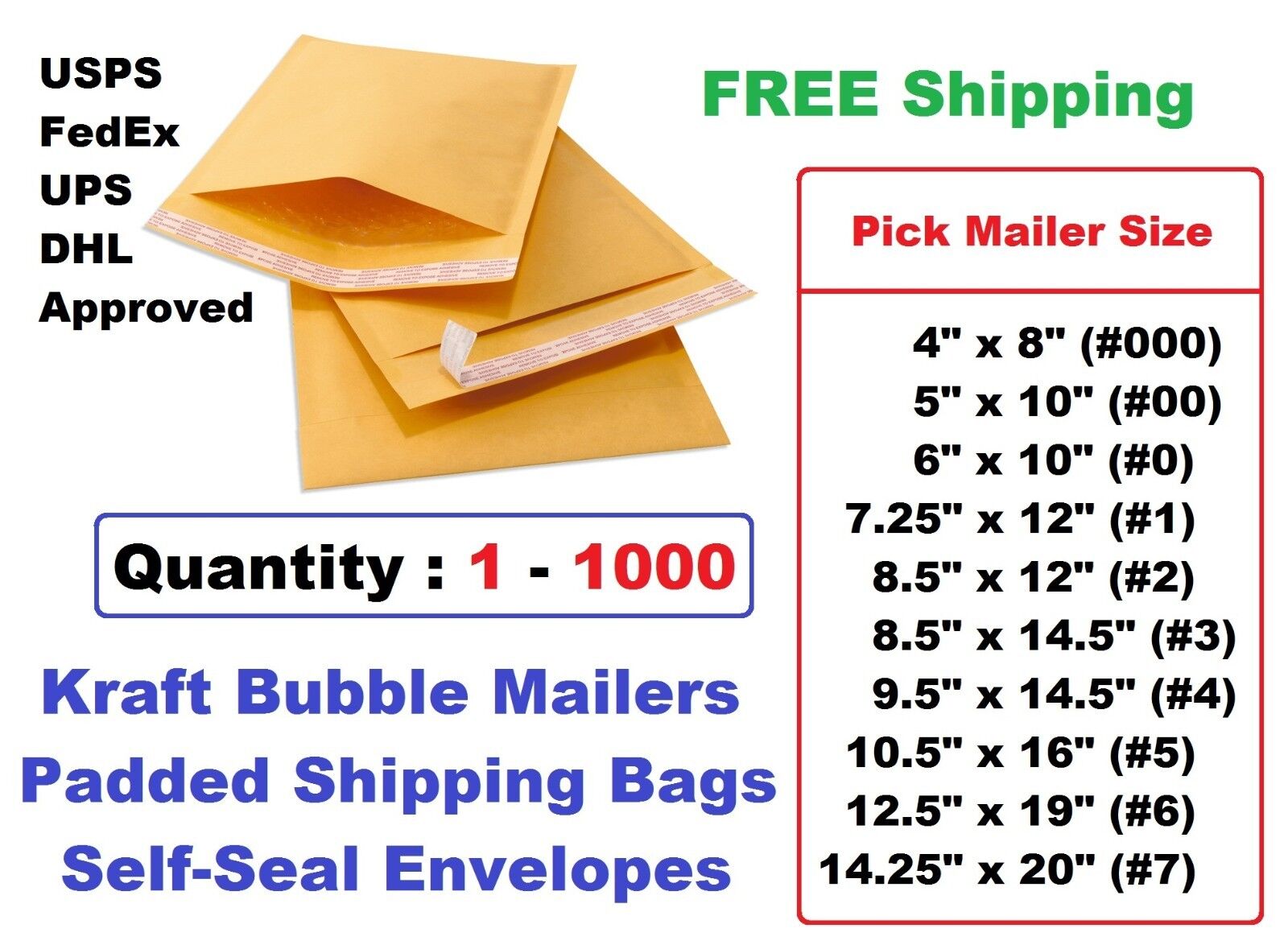 #000 00 0 1 2 3 4 5 6 7 Kraft Bubble Mailers Padded Shipping Envelopes -1 25 100