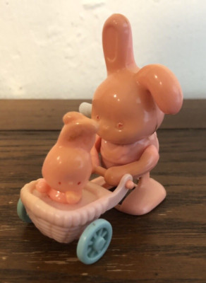 Vintage Easter Bunny Mom and Baby in Stroller  Pink Wind Up Taiwan 3'' Tall
