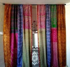 2 Pcs Indian Sari Patchwork Curtain Drape Window Decor Multi Silk Sari Curtain