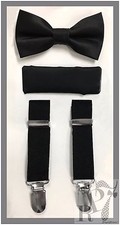 Black NEW Boy's Clip Suspender Bow tie  Pocket Square Handkerchief 3 pieces set