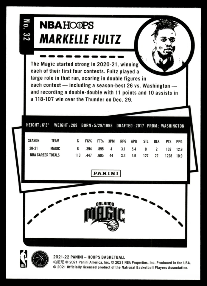 2021-22 Hoops Markelle Fultz Orlando Magic #32 - Image 2 of 2