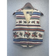 Lizwear Petite Womens Vest Linen Lined Floral Stripe Print Pockets Size Pm