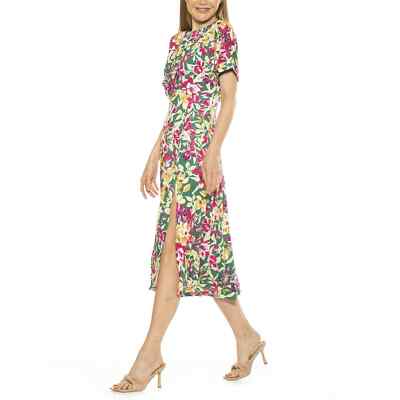 knee length dresses for ladies Red Split Neck Puff Short Sleeve Tiered Midi Dress  SSYS