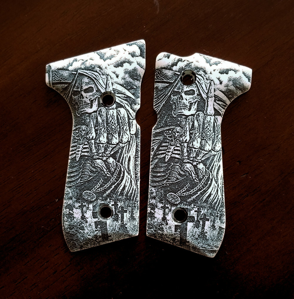 Beretta 92 92FS 96 Custom 3d Engraved Ivory Scrimshaw Grips Trident Checkered