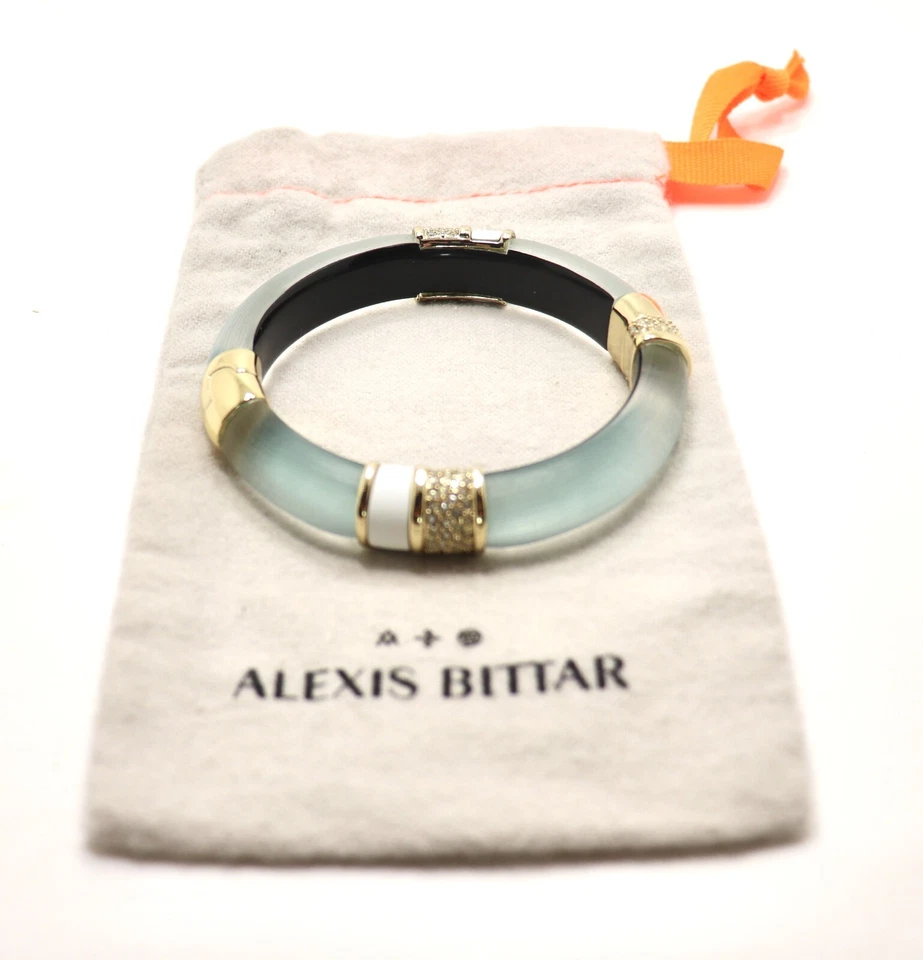 ALEXIS BITTAR BLUE LUCITE WHITE ENAMEL CRYSTAL HINGED BANGLE BRACELET