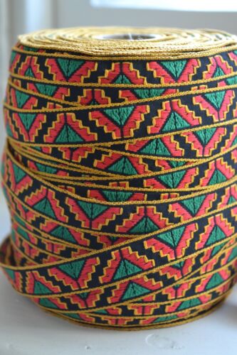 100m VINTAGE 1970s black and orange cotton geometric pattern ribbon 15mm wide - Foto 1 di 6