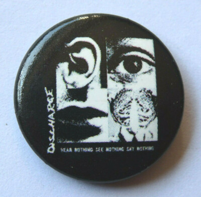 DISCHARGE BUTTON ANSTECKER BADGE PIN SEE NOTHING HEAR NOTHING SAY NOTHING 2,5cm