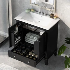 30" Bathroom Vanity w Sink Combo, Doors & Drawer, Solid Wood & MDF Board, Black
