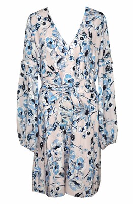 New PARKER M Dress Blue Pink Floral Tie Waist A Line V Neck Long Sleeve  Juliet