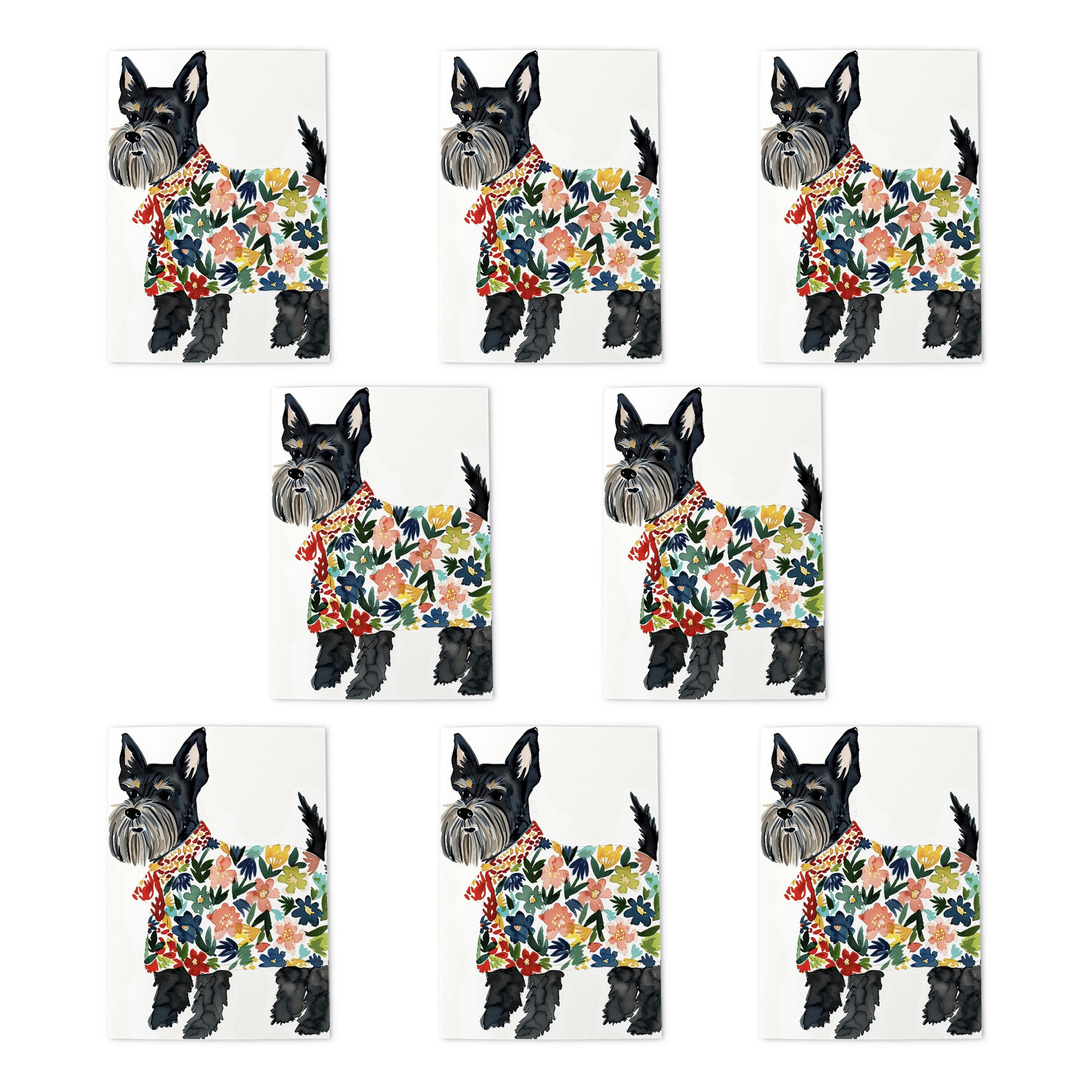 Scottish Terrier With Floral Raincoat Watercolour Art Cards Pack of 8, Blank A6