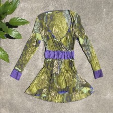 VINTAGE 2000s Forest Fairy Green Mesh Sheer Long Sleeve Mini Dress Fairycore S-M